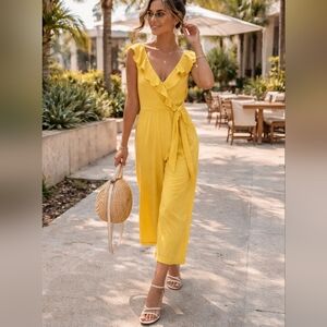 ✨ Davi & Dani Yellow Ruffle Wrap Wide Leg Jumpsuit – NWT Small